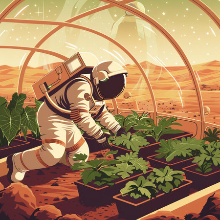 Astronaut in a greenhouse. Vector illustration of cartoon character.の素材