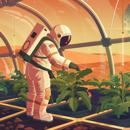 Astronaut in a greenhouse. Vector illustration of a cartoon character.の素材