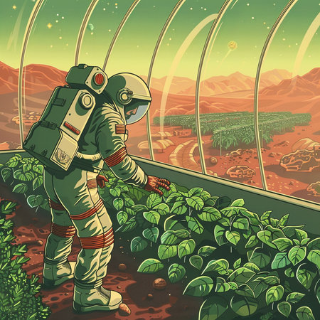 Astronaut in a greenhouse with seedlings. Vector illustration.の素材