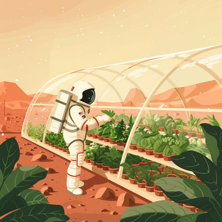 Astronaut in a greenhouse with plants. Vector cartoon illustration.の素材