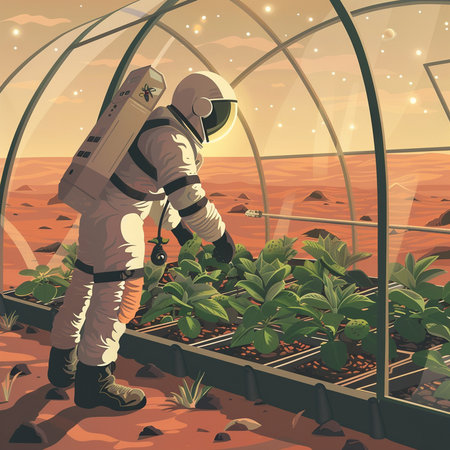 Astronaut in the greenhouse. Vector illustration of a cartoon character.の素材