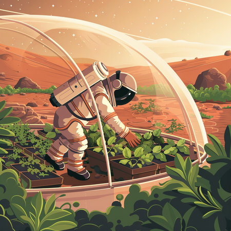 Astronaut in a greenhouse. Vector illustration of a cartoon character.の素材