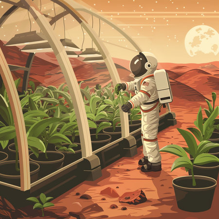 Astronaut in a greenhouse with plants. Vector cartoon illustration.の素材