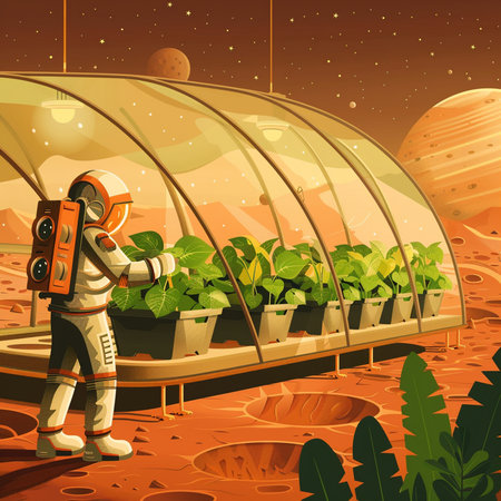 Astronaut in a greenhouse with plants on the ground illustration.の素材