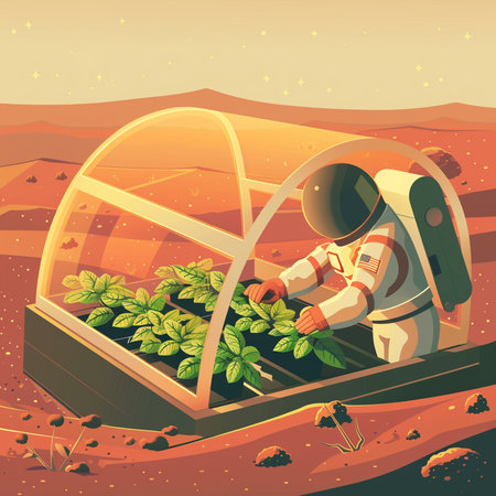 Astronaut in a greenhouse with plants. Cartoon vector illustration.の素材