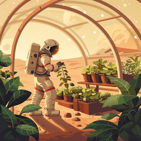 Astronaut in the greenhouse with plants. Cartoon vector illustration.の素材