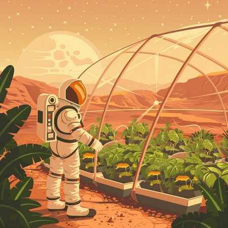 Astronaut in a greenhouse on the background of the planet Mars.の素材
