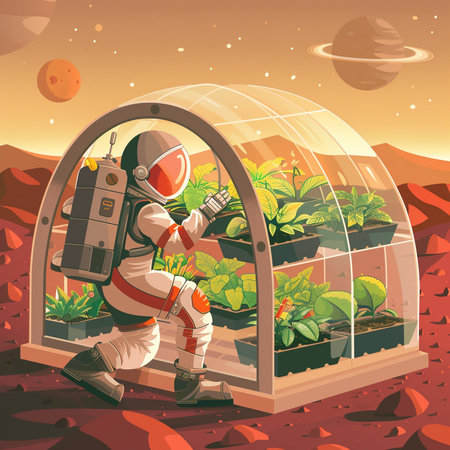 Astronaut in a greenhouse with plants. Vector cartoon illustration.の素材