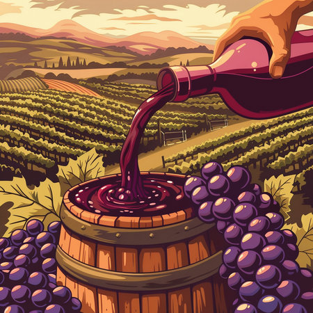 Pouring red wine from bottle into wooden barrel in vineyard. Vector illustrationの素材