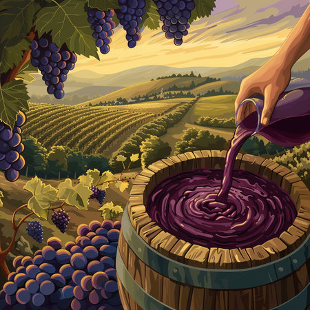 Vector illustration of a hand pouring wine from a wooden barrel into a vineyardの素材