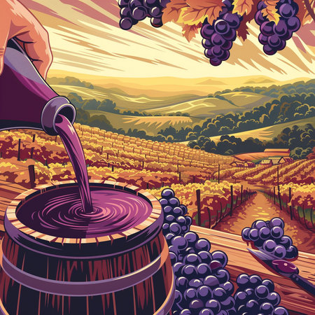 Wine production. Winemaking. Vector illustration of a hand pouring wine into a barrel.の素材