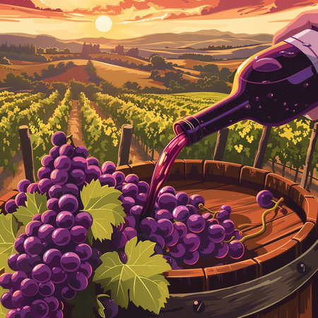 Wine tasting in Tuscany, Italy. Winemaker pouring red wine from bottle into wooden barrel. Vector illustrationの素材