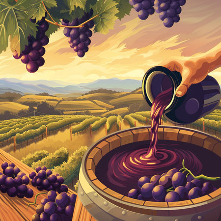 Vector illustration of wine barrel with bunch of grapes on vineyard background.の素材