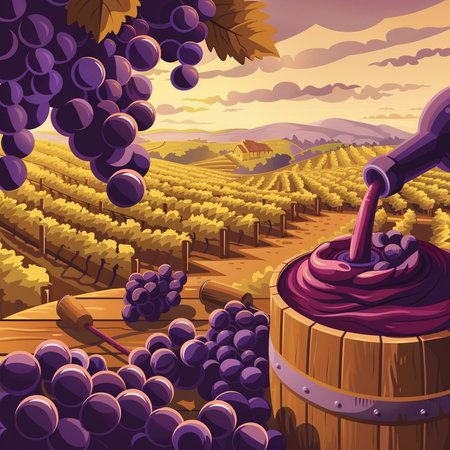 Vector illustration of a winery with a barrel and a bunch of grapesの素材
