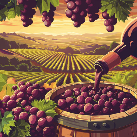 Wine barrel and grapes on vineyard background. Vector illustration.の素材