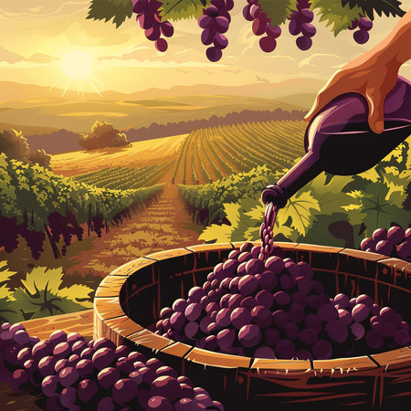 Illustration of a wine barrel full of grapes in the vineyardの素材