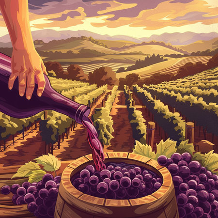 Wine making process. Hand pouring red wine from bottle into wooden barrel in vineyard. Vector illustrationの素材