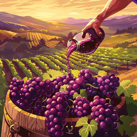 Vector illustration of a hand with a wineglass and a bunch of grapes in a vineyard.の素材
