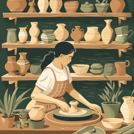 Pottery shop. Vector illustration of a woman working in a pottery shop.の素材