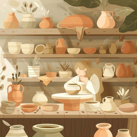Pottery workshop interior vector illustration. Cartoon potter woman working in pottery studioの素材