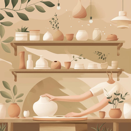 Pottery workshop interior. Ceramics workshop. Ceramic vase, pottery wheel, vase, vase and potter. Vector illustrationの素材