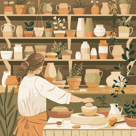Vector illustration of a pottery shop with a woman working in the kitchenの素材