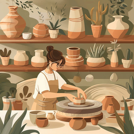 Pottery shop. Vector cartoon illustration of a potter at work.の素材