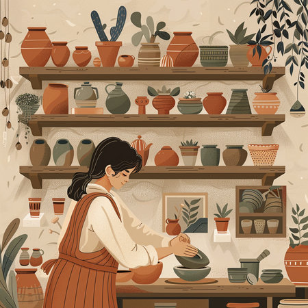 Pottery shop. Vector illustration of a woman working in a pottery shop.の素材