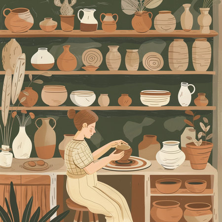 Pottery workshop. Vector illustration of a potter at work.の素材