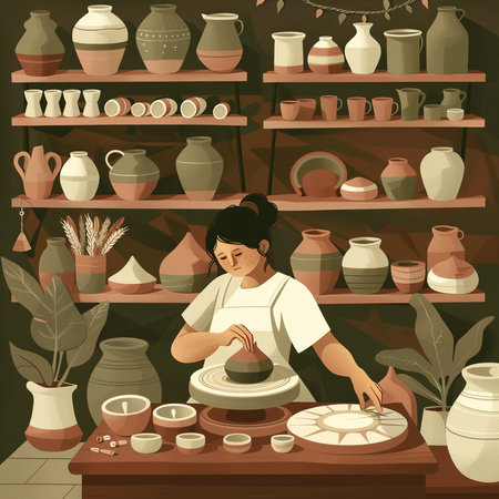 Pottery shop interior with woman working on pottery wheel. Vector illustrationの素材
