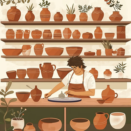 Pottery shop. Vector illustration of a potter at work.の素材