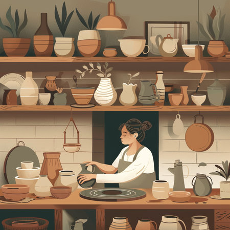 Pottery workshop interior with potter making ceramic vase on potter's wheel. Vector illustrationの素材