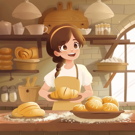 Little girl baking bread in the bakery. Vector illustration of a cartoonの素材