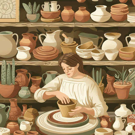 Seamless pattern with pottery shop shelves and woman working on pottery wheelの素材