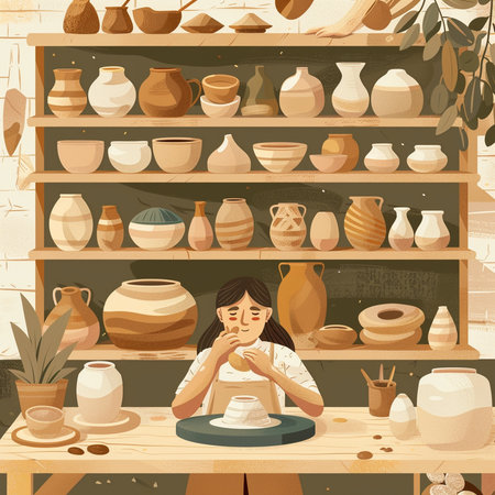 Pottery workshop. Vector illustration of a potter working in her workshop.の素材