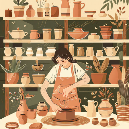 Pottery shop. Vector illustration of a woman working in a pottery shop.の素材