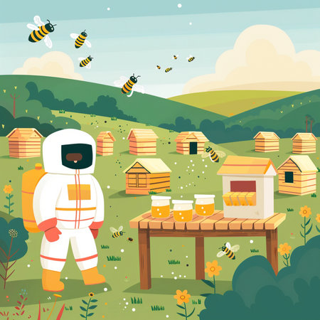 Beekeeper in the apiary. Vector illustration in flat style.の素材