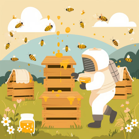Beekeeper with bees in the apiary. Flat style vector illustration.の素材