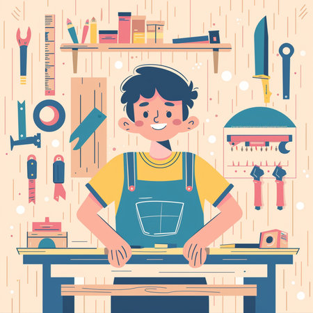 Carpenter in his workshop. Vector illustration in flat style.の素材