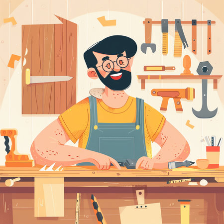 Carpenter working in his workshop. Vector illustration in cartoon style.の素材