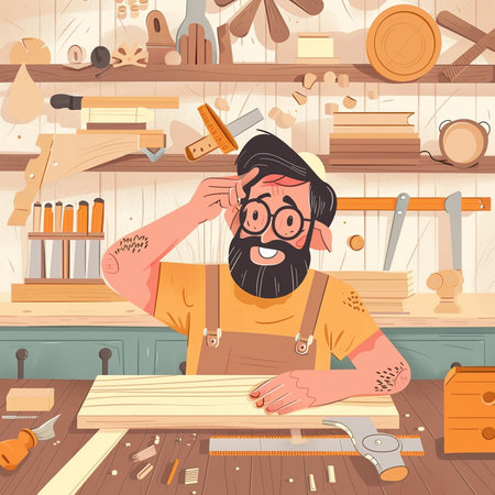 Carpenter in his workshop. Vector illustration in cartoon style.の素材