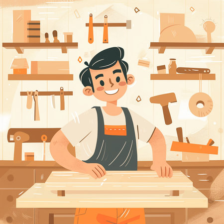 Carpenter in his workshop. Vector illustration in cartoon style.の素材