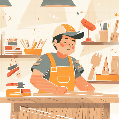 Carpenter working at his workplace. Vector illustration in cartoon style.の素材