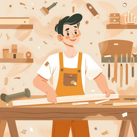 Carpenter working at his workshop. Vector illustration in cartoon style.の素材