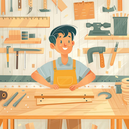 Carpenter at work. Vector illustration in cartoon style. Woodwork.の素材