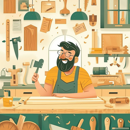 Carpenter working in his workshop. Vector illustration in cartoon styleの素材