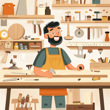 Carpenter in his workshop. Vector illustration in cartoon style.の素材