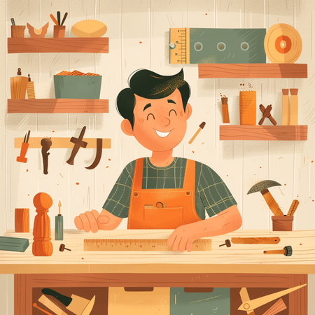 Carpenter working in his workshop. Vector illustration in cartoon style.の素材