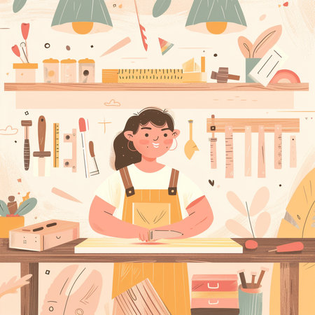 Carpentry workshop. Vector illustration in flat cartoon style. Girl in apron works in the workshop.の素材