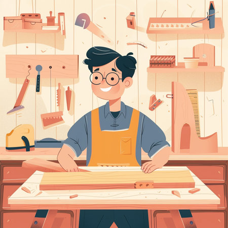 Carpenter working in his workshop. Vector illustration in cartoon styleの素材